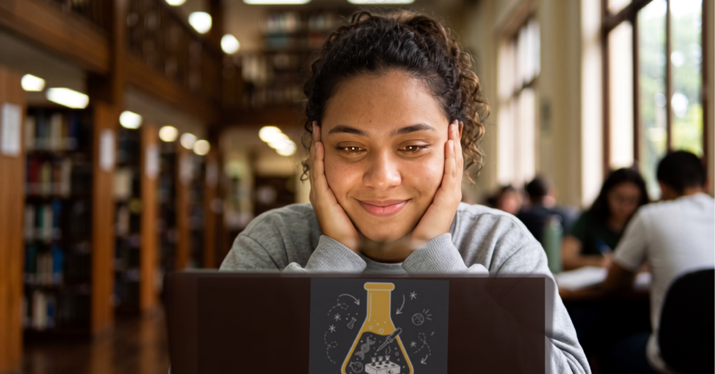 Estudante universitário aliviado organizando seus artigos no notebook com um gerenciador de referências.