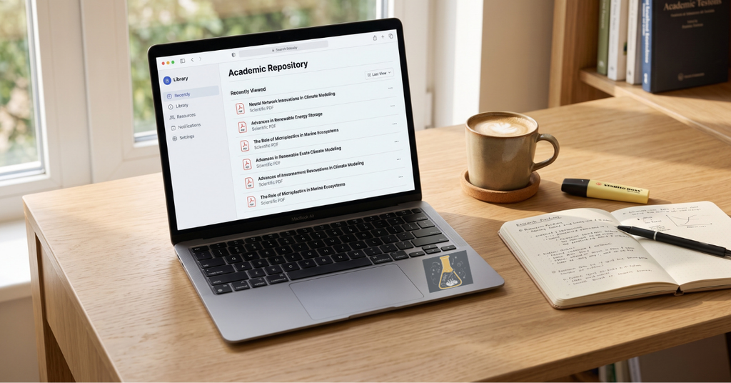 Interface de um gerenciador de referências com artigos científicos em PDF abertos em um notebook sobre a mesa de estudos.