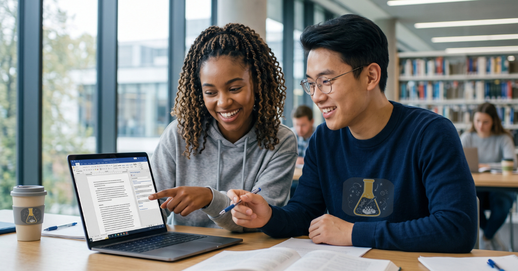 Dois estudantes universitários escrevendo um artigo científico de forma colaborativa usando o Mendeley no Word
