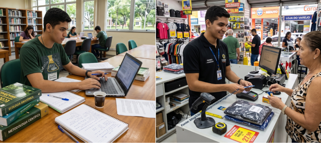 Diferença de universitário trabalhando no comércio em pé o dia inteiro e o bolsista no ar condicionado sentado.