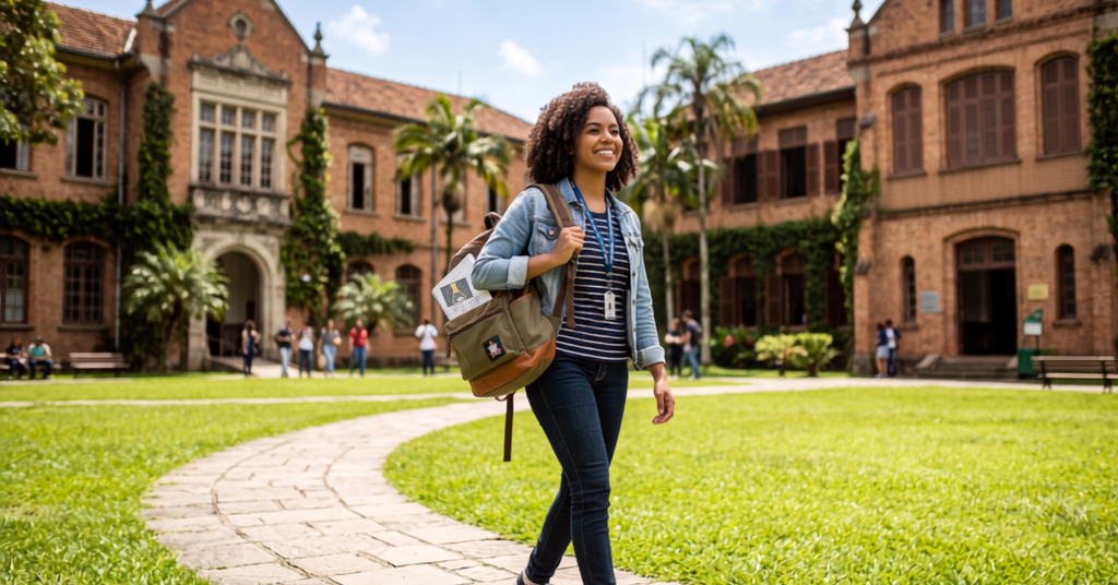 Universitária feliz por ter conseguido uma bolsa de iniciação cientifica em parceria em outro país por ter Proficiência em Inglês.