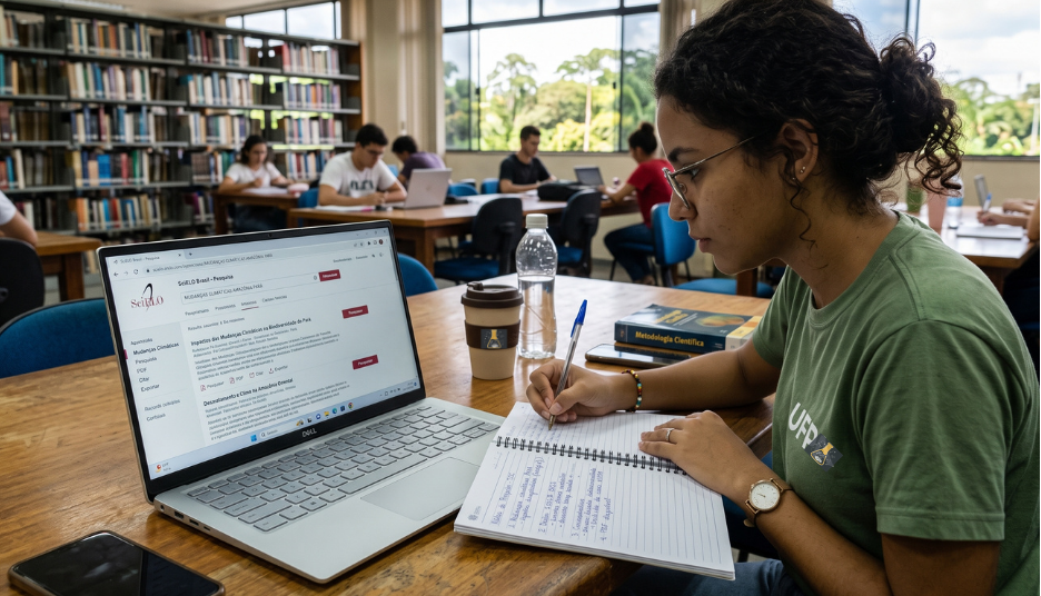 Aluna com tela de computador aberta em uma biblioteca digital sabendo exatamente onde buscar artigos científicos confiáveis.