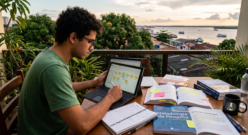 Universitário fazendo fichamento de artigo cientifico na sua mesa de estudos e no computador.