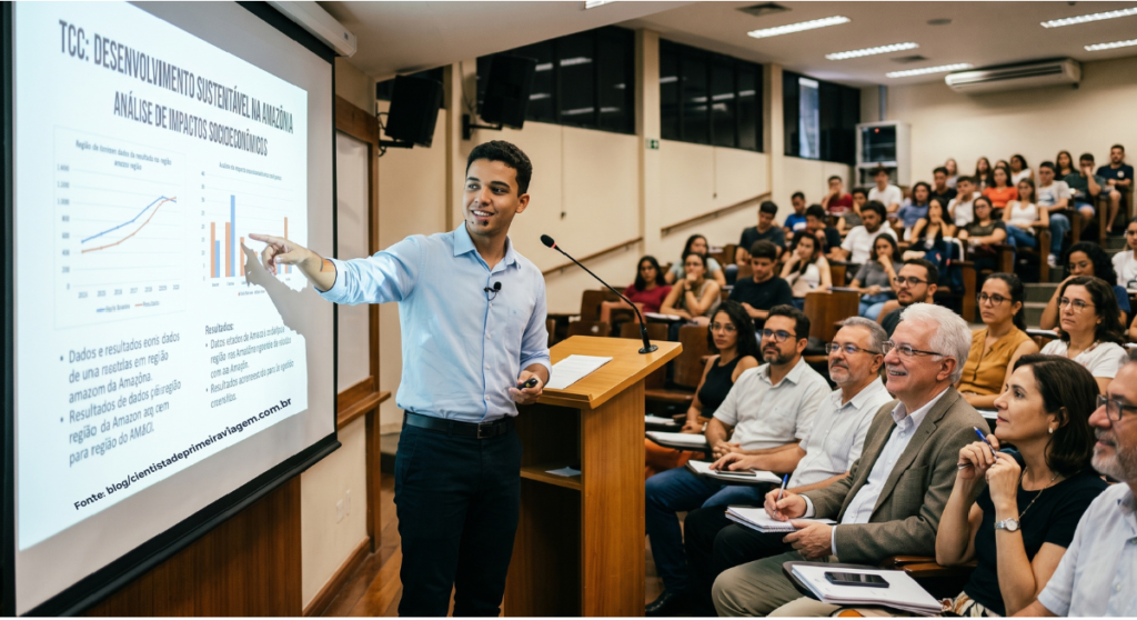 Estudante demonstrando como apresentar TCC na banca com segurança e slides projetados.