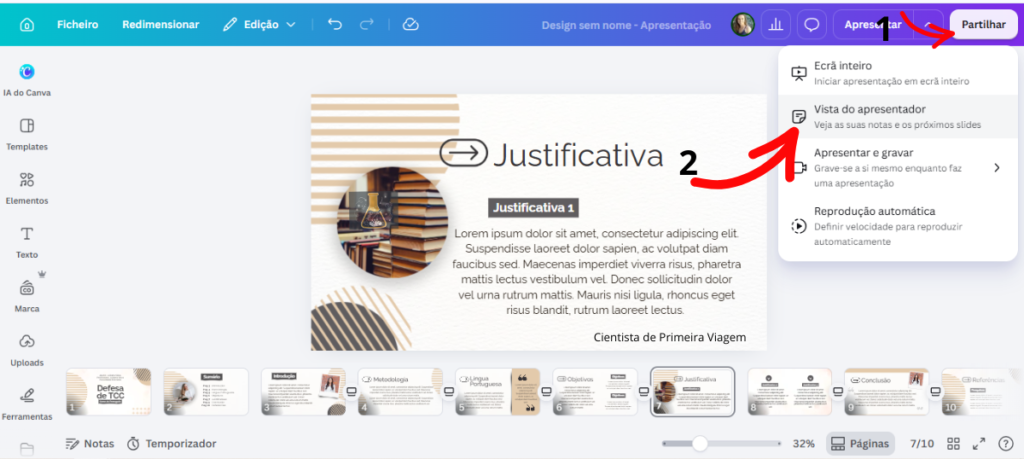 Passo a passo pra escolher a opção de apresentador para TCC no Canva.