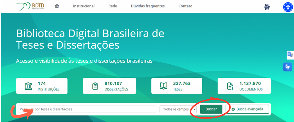 Print de tela do site da Biblioteca Digital Brasileira de Teses e Dissertações, adaptada com indicação de pesquisa e buscas.