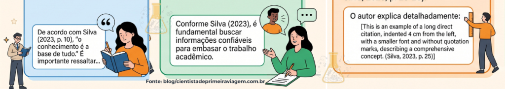 Infográfico resumindo os tipos de citações diretas e indiretas na ABNT.