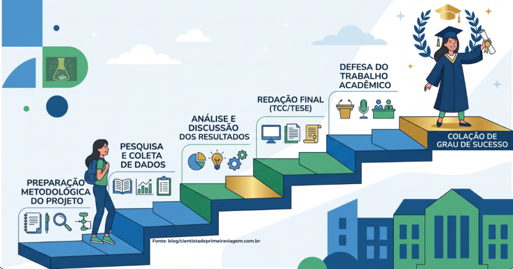 Escada de crescimento acadêmico e sucesso na banca examinadora de TCC.