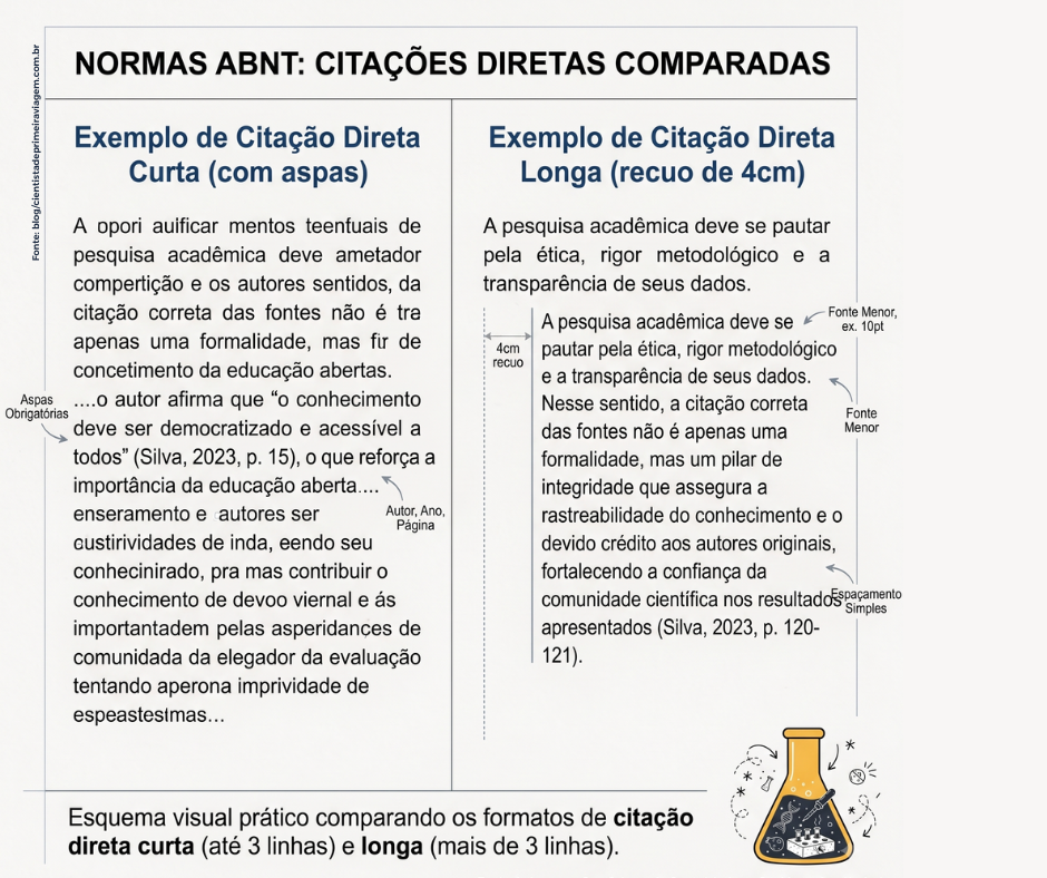 Comparativo visual de formatação de citação curta e citação longa nas normas ABNT.