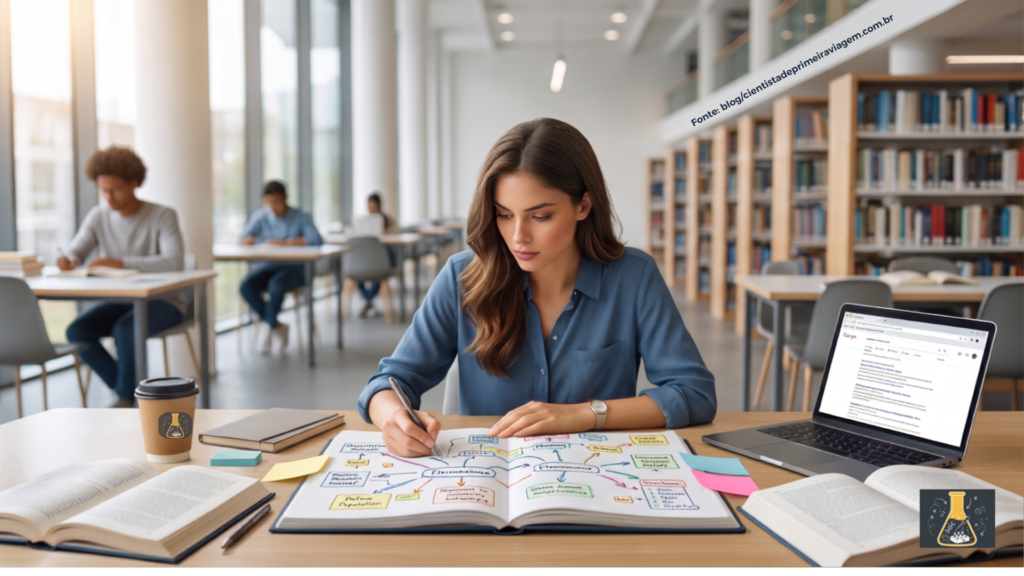 Universitário fazendo o planejamento de um projeto de pesquisa acadêmica.