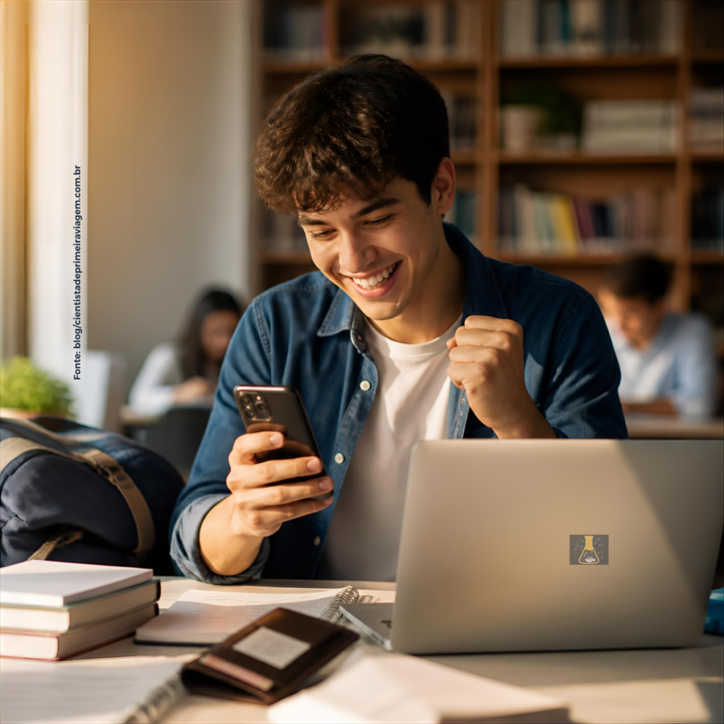 Estudante feliz com os benefícios da iniciação científica e monitoria no desenvolvimento da carreira profissional.