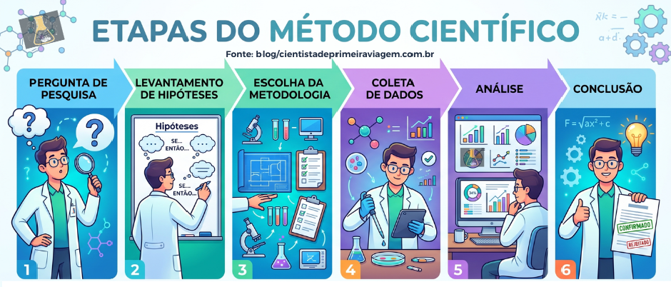 Infográfico ilustrando as etapas do método científico na universidade.