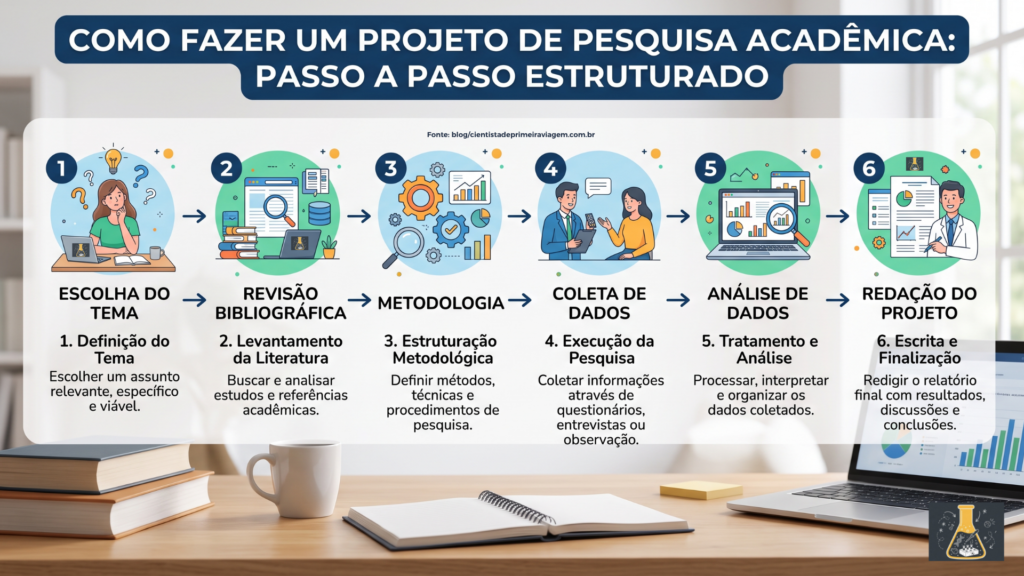 Fluxograma das etapas essenciais para estruturar um projeto de pesquisa.