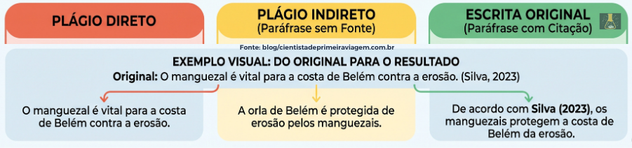 Infográfico ilustrando a diferença entre os tipos de plágio acadêmico e a escrita original.