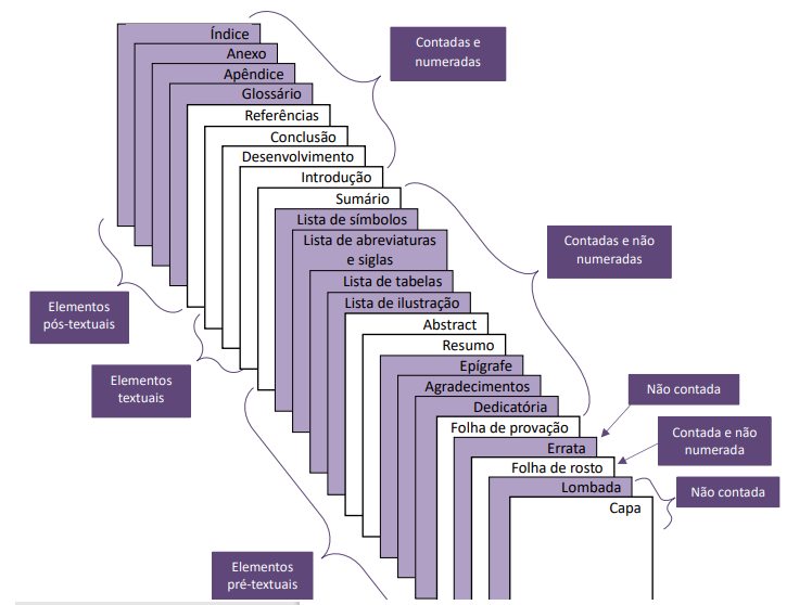 Infográfico de formatação ABNT dividindo a estrutura do TCC em elementos pré-textuais, textuais e pós-textuais segundo as normas ABNT.