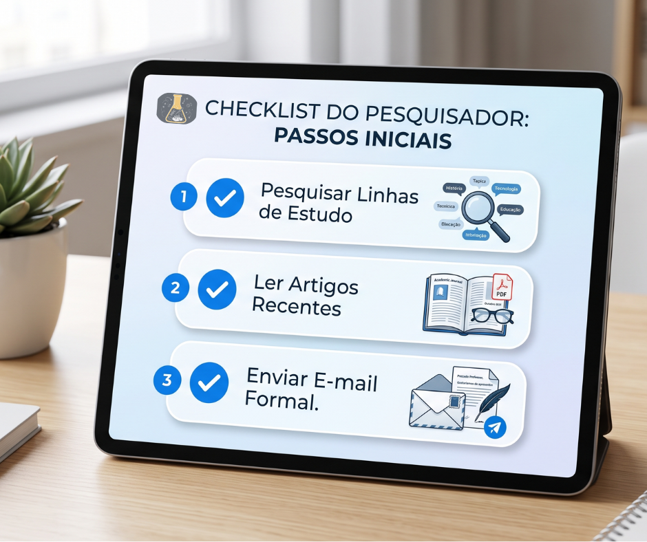 Checklist visual de preparação para contato com orientador de pesquisa.