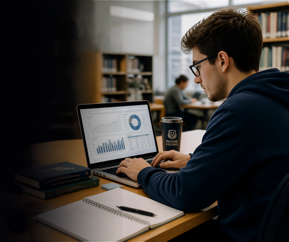 Estudante universitário em laboratório analisando dados de iniciação científica.