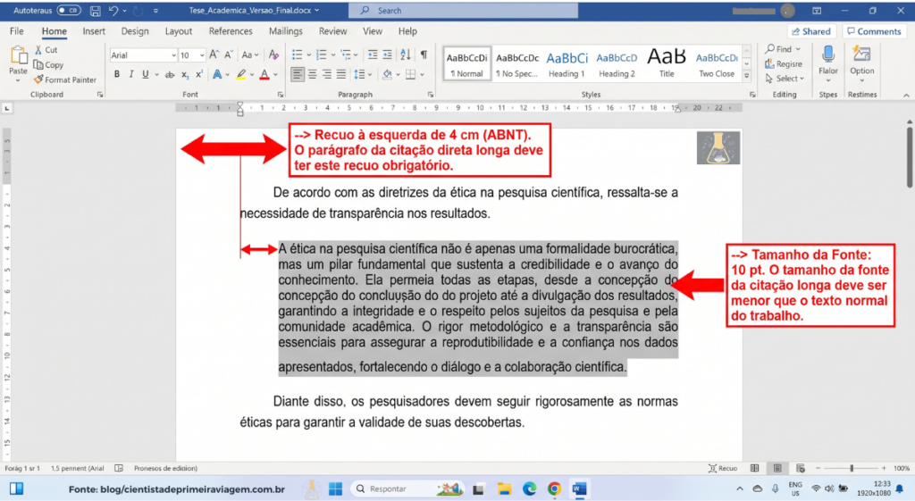 Exemplo visual de formatação de citação direta longa de acordo com as normas ABNT.