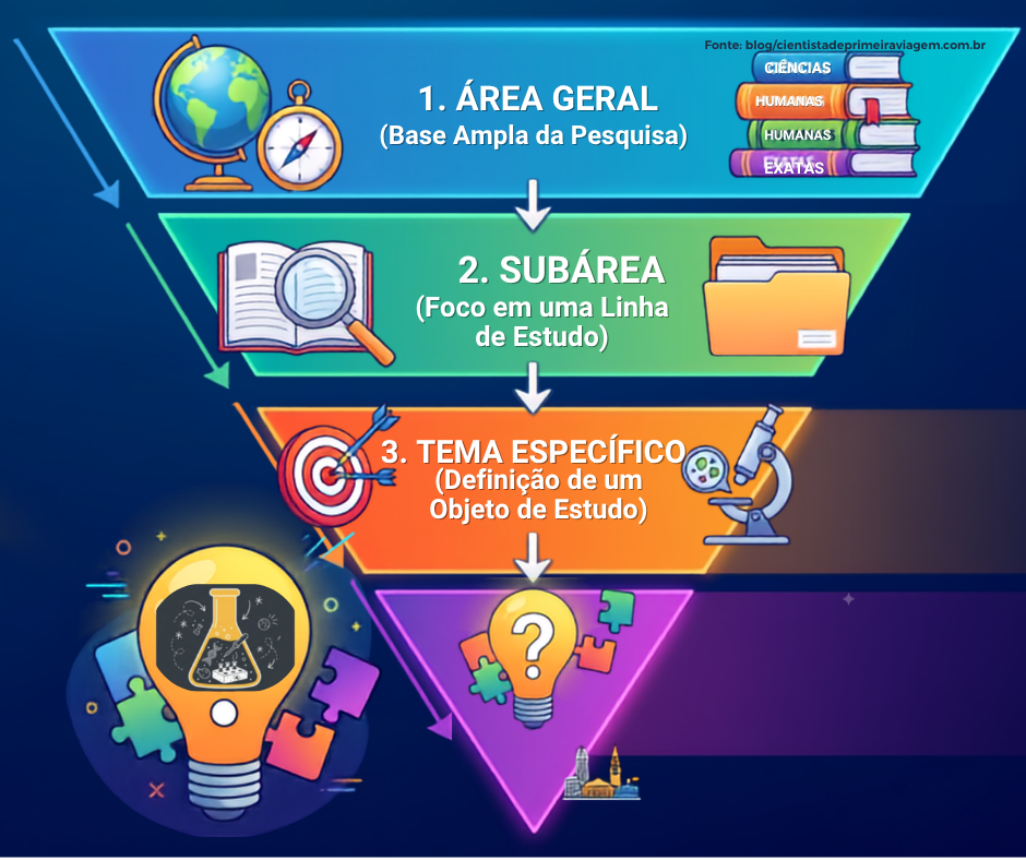 Infográfico de delimitação do tema de TCC de área geral para problema específico.