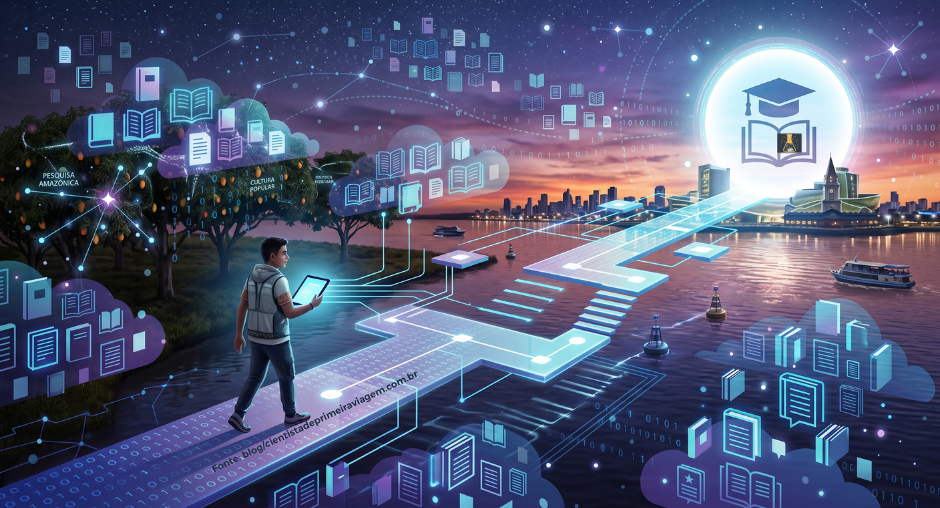 Ilustração minimalista futurista de estudante organizando artigos acadêmicos digitais.