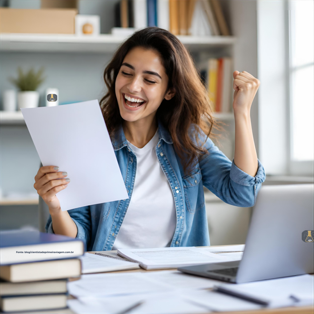 Estudante celebrando seu artigo aceito após ter a planilha de dados perfeitamente organizada e traduzida em conclusões de alto nível no computador.