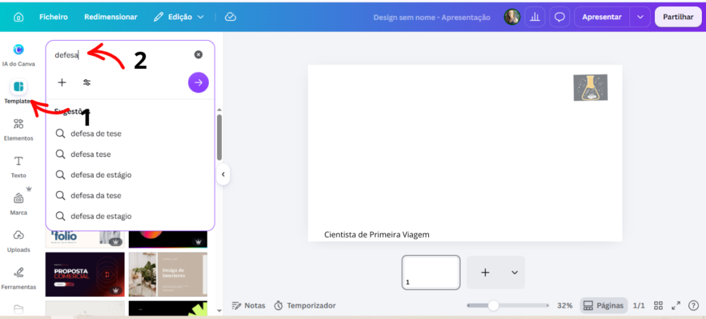 Passo a passo para adicionar um modelo de Template do canva diretamente na sua apresentação do TCC.